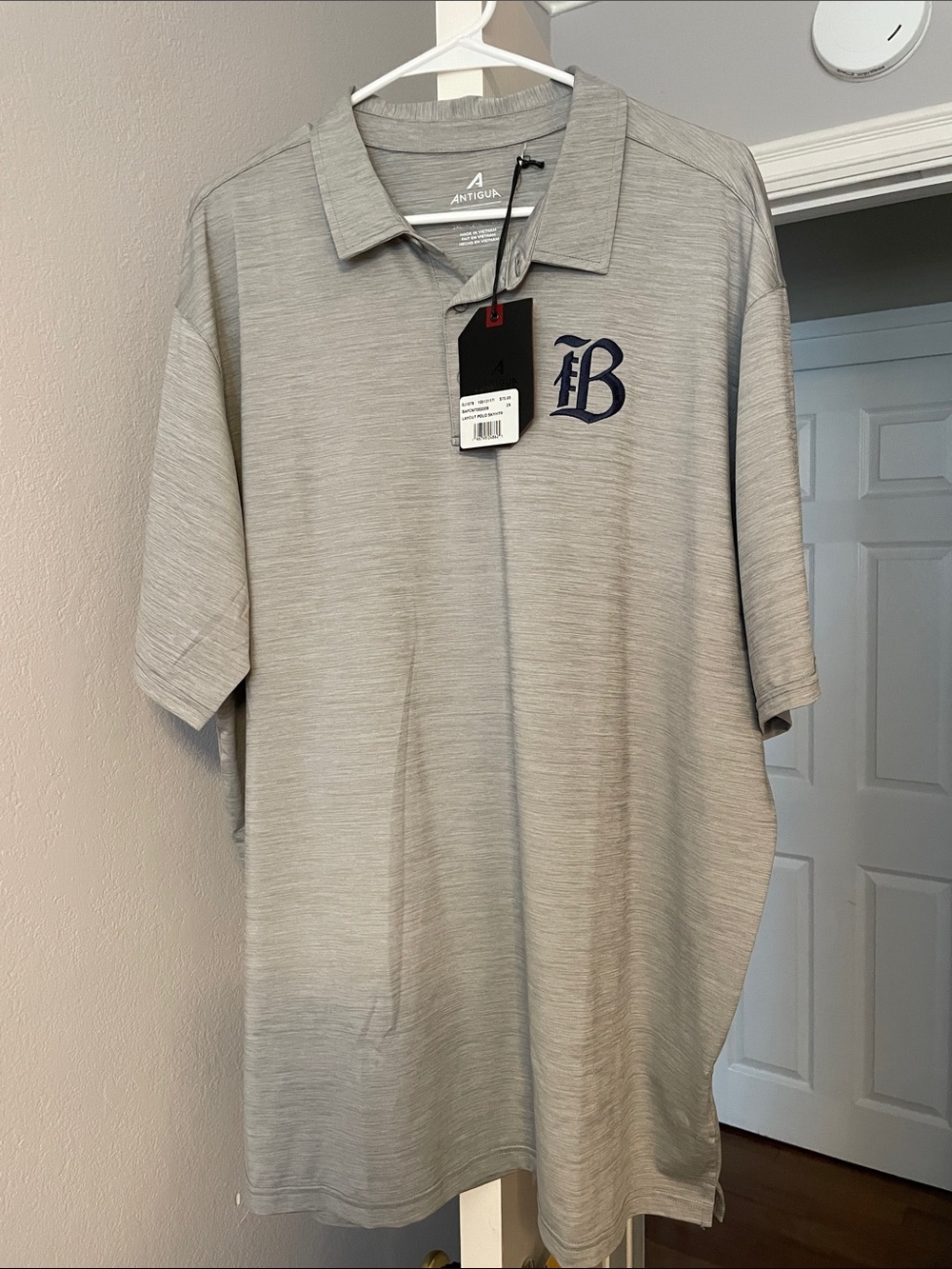 Antigua Men's Light Gray Performance Polo w/Navy Embroidered Logo-Bay FC Soccer